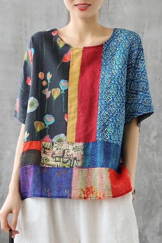 Plus Size Summer Printed Wommen Loose Linen T-shirt