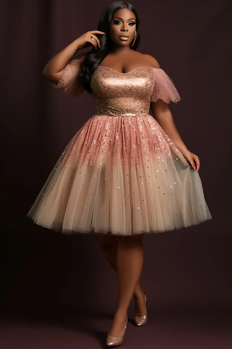 Xpluswear Design Plus Size Cocktail Party Pink Elegant Off The Shoulder Short Sleeve Tulle Mini Dresses
