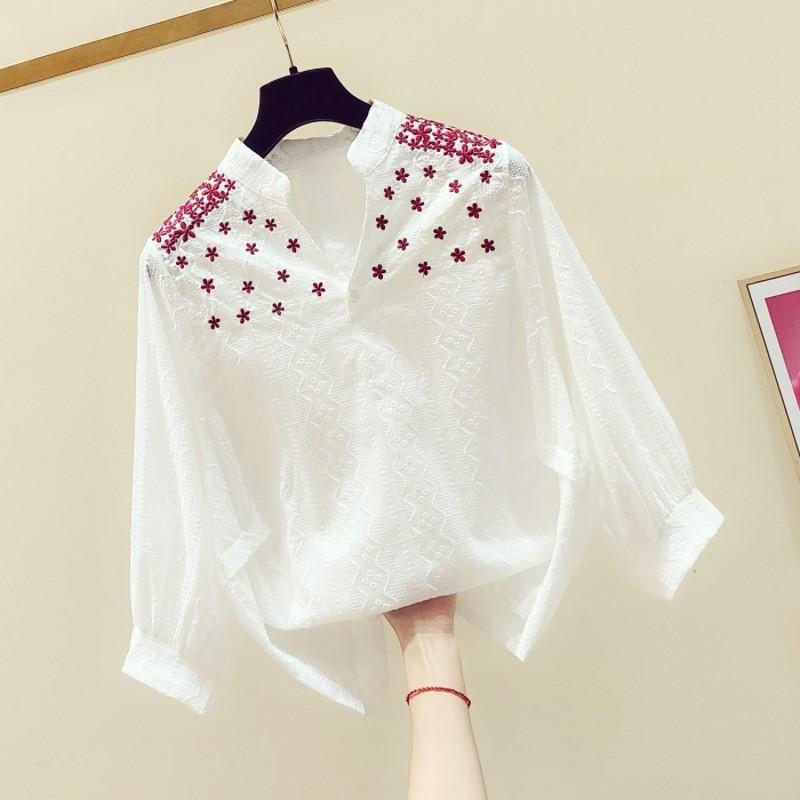 Fashion Retro Summer New Blouses Women's V-neck Printed Embroidery Flounce Stripe Contrast Color Loose Pullove 3/4 Sleeve Shirts