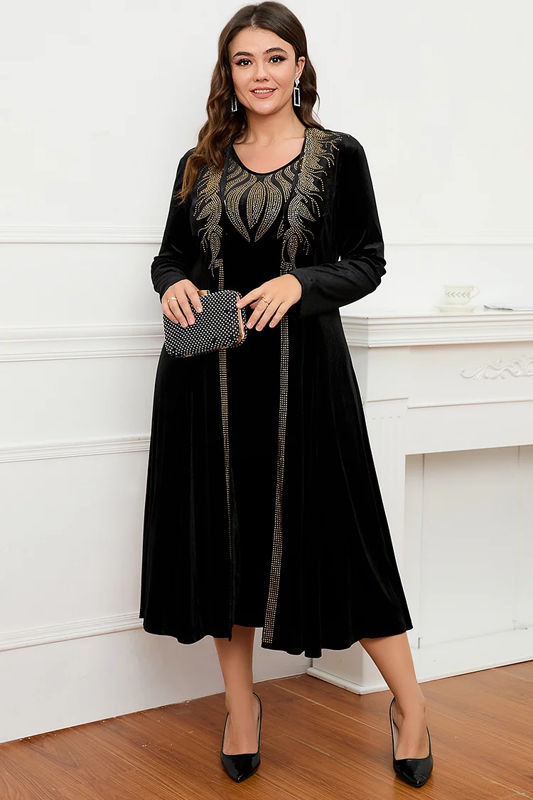 Flycurvy Plus Size Formal Black Velvet Rhinestone Tunic Two Pieces Tea-Length Dress  Flycurvy [product_label]