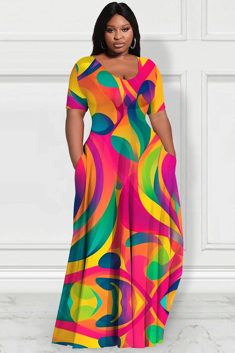 Xpluswear Design Plus Size Daily Multicolor All Over Print Round Neck Short Sleeve Pocket Casual Maxi Dresses 2024 - Xpluswear