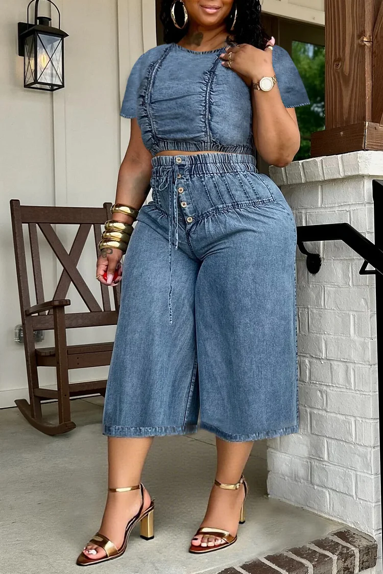 Plus Size Daily Blue Round Neck Short Sleeve Pocket Pull-On Waist Denim Two Piece Short Sets [Pre-Order]