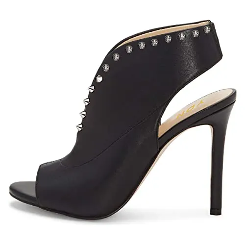 Black Peep Toe Silver Rivets Stiletto Heels Slingback Sandals