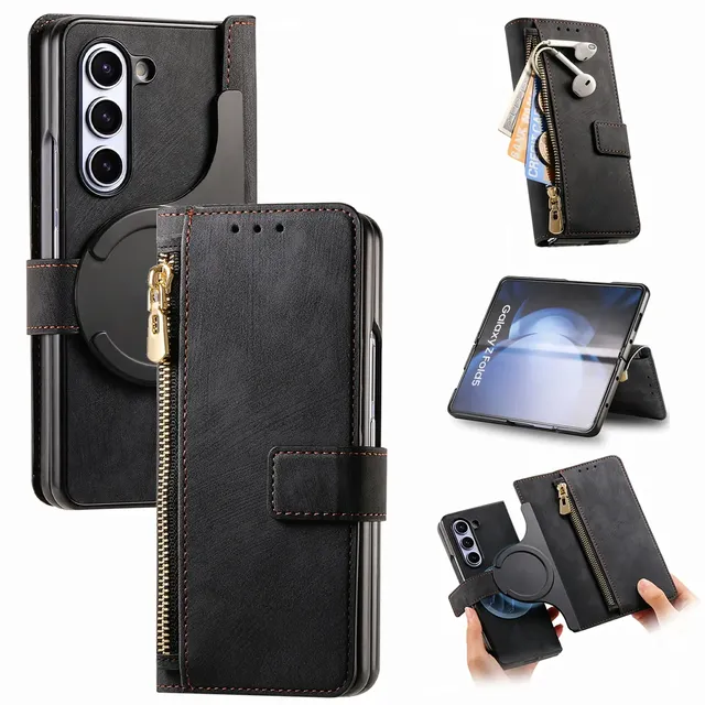 For Samsung Galaxy Z Fold 6 5 4 3 Case Vintage Zipper Leather 2 in1 Magnetic Wallet Card Slot Flip Holder Protect Shockproof Cover  