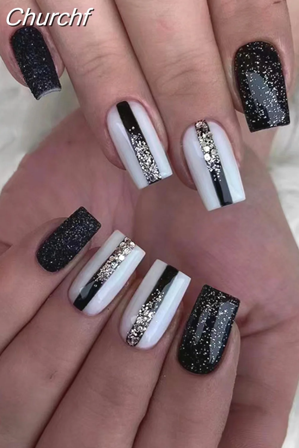 Churchf Drill False Nails Set Simple French Short Square Head Nails Manicure Fashion Full Cover Fake Nail Tips Press on Nails-Nail Inspo