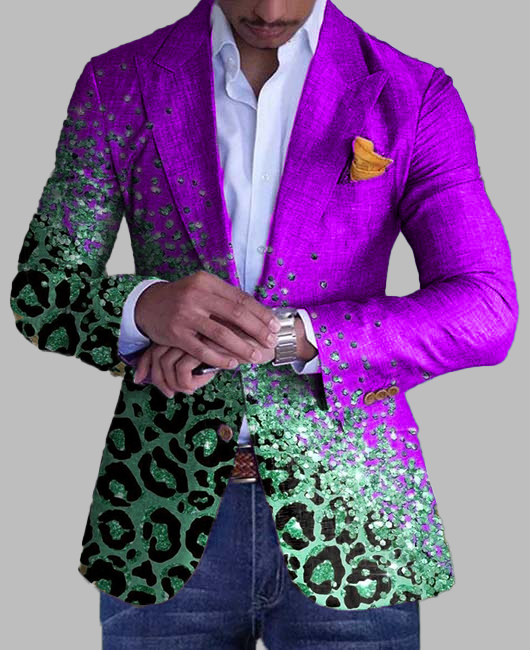 Party Leopard Print Glitter Peak Lapel Button Blazer