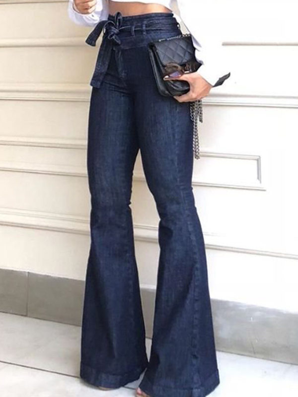 Effortlessly Stylish: Flared High-Waisted Solid Color Tied Waist Jean Pants