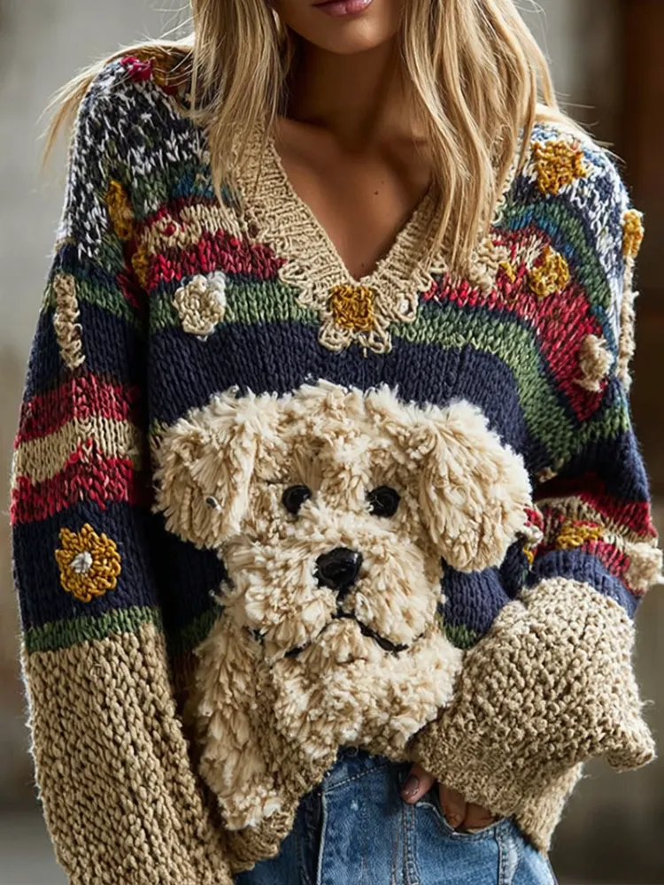 Women's Colorful Striped Plush Dog Pattern Embroidered V-neck Knit Sweater