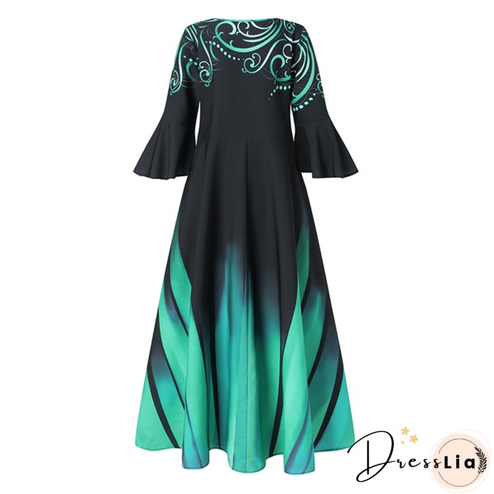 Women Kaftan Party Color Printed Long Shirt Dress Casual Flare Sleeve O Neck Slim Maxi Sundress