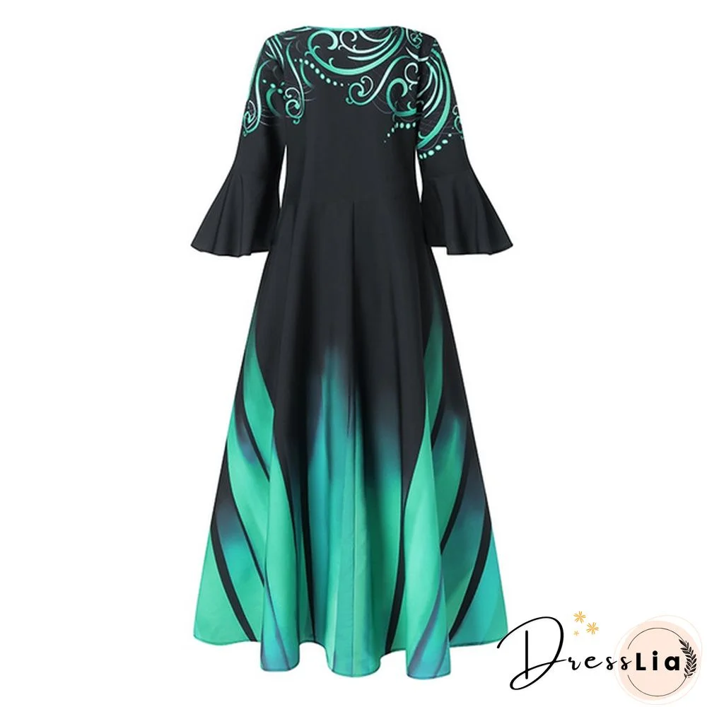 Women Kaftan Party Color Printed Long Shirt Dress Casual Flare Sleeve O Neck Slim Maxi Sundress