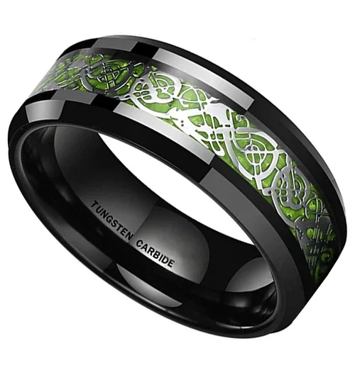 6MM 8MM Black Resin Inlay Silver and Bright Green Celtic Dragon Knot Women Or Men's Tungsten Carbide Wedding Rings with Resin Inlay Silver and Bright Green