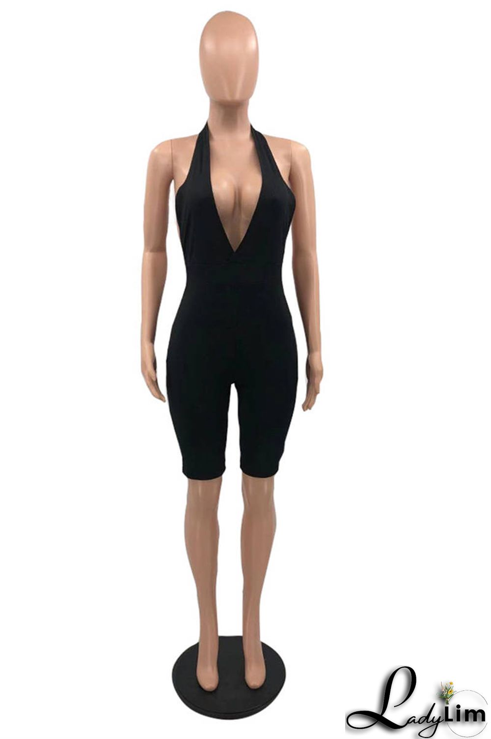 Blue Sexy Casual Solid Backless Halter Skinny Romper