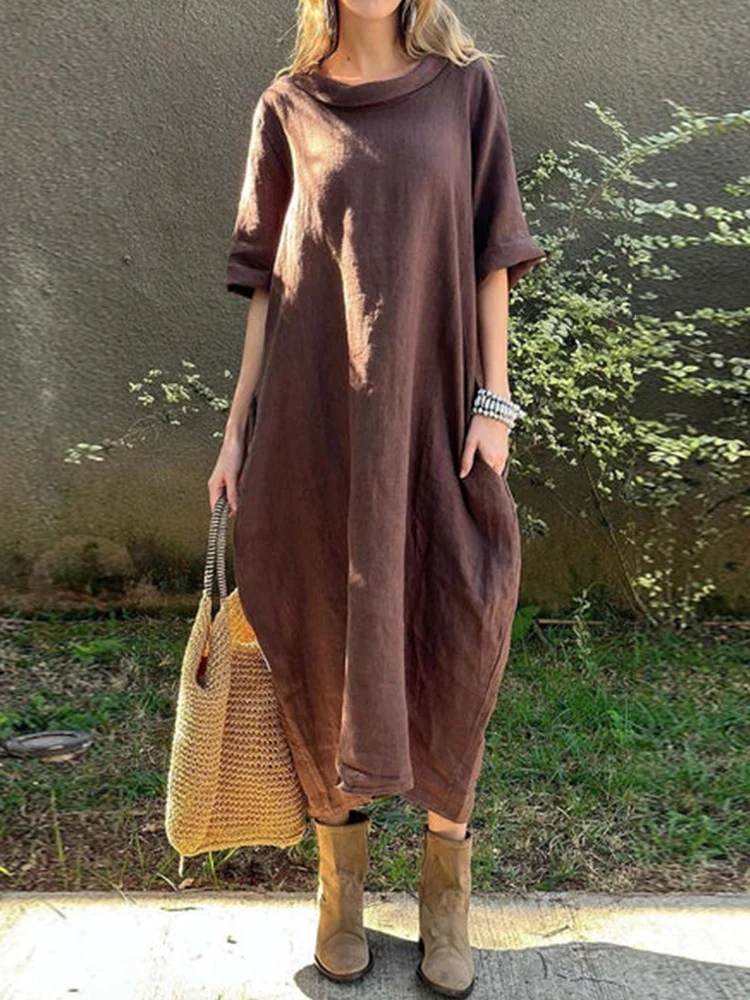 Women's casual solid color cotton and linen dress 