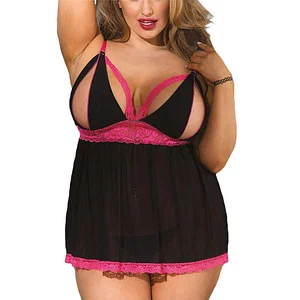Women Plus Size Lingerie - Sexy Split Cup Lace Babydoll Sleepwear Chemise Set 2XL,3XL