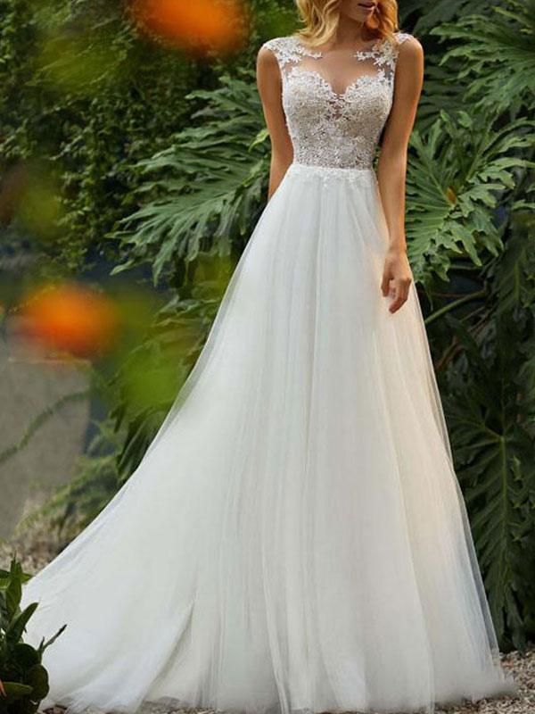Oknass Chic Sleeveless Jewel Neck Tulle Lace Wedding Dress Long With Appliques