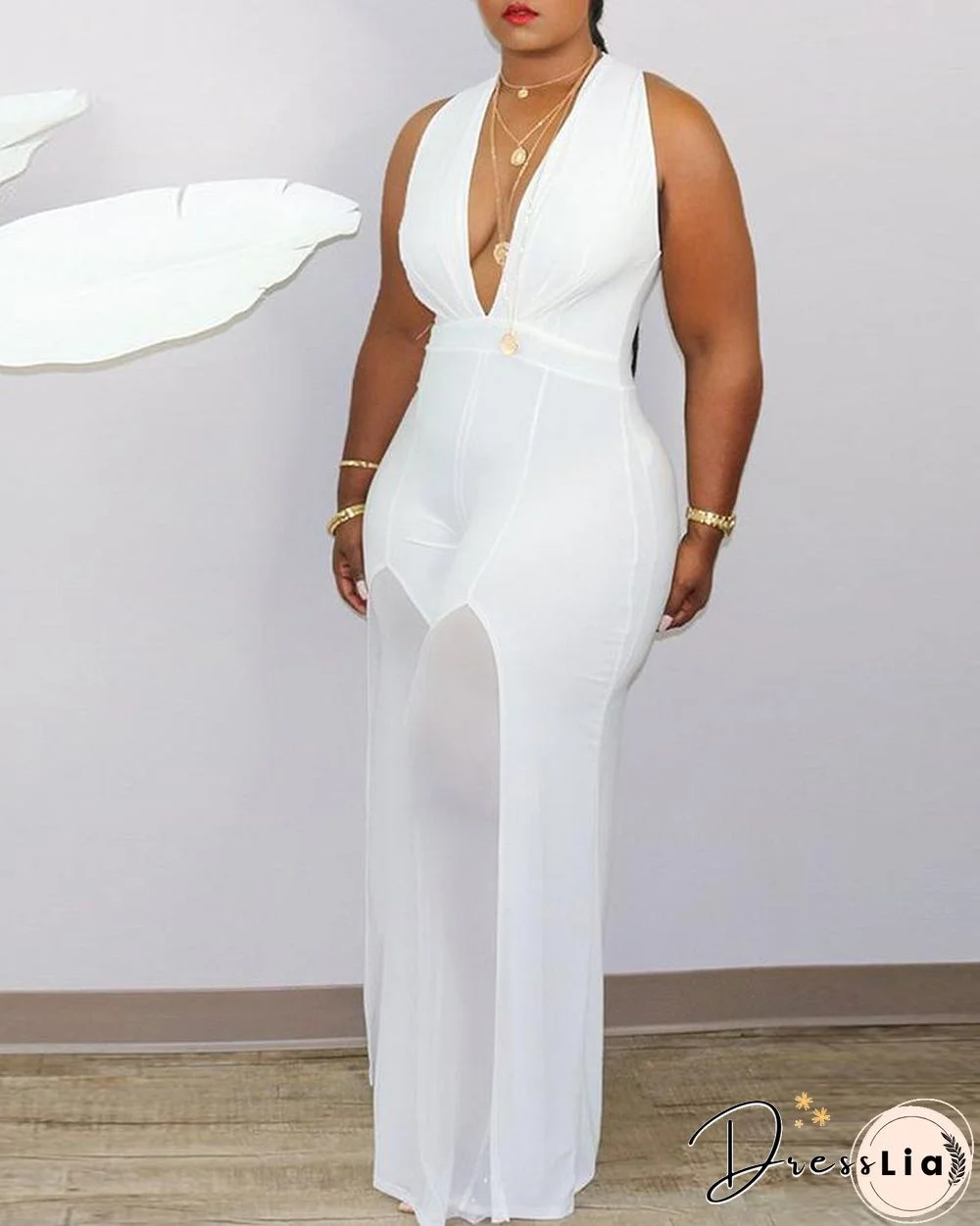 Plus Size Sleeveless Sheer Mesh Plunge Jumpsuit