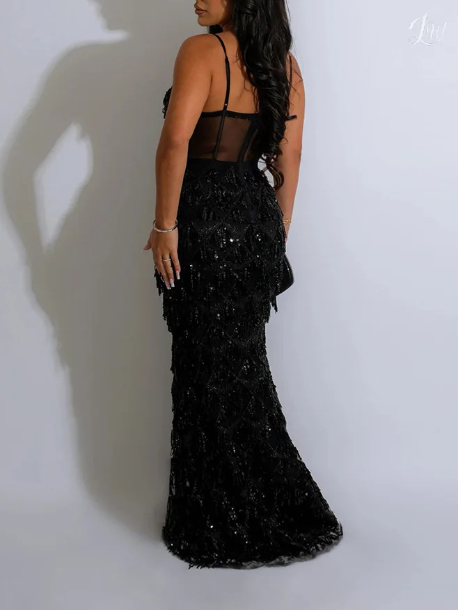 Black Sequin Strapless Sleeveless Backless Ruched High Slit Design Dress for Formal Event Gown