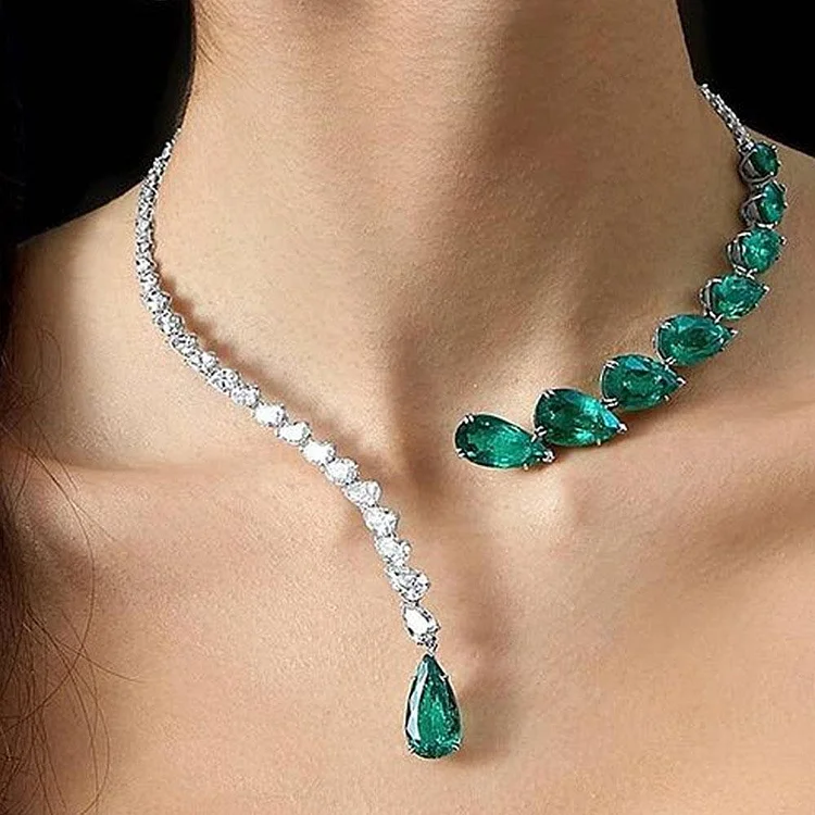 Green Water Drop Rhinestone Open Choker Necklace Jewelry