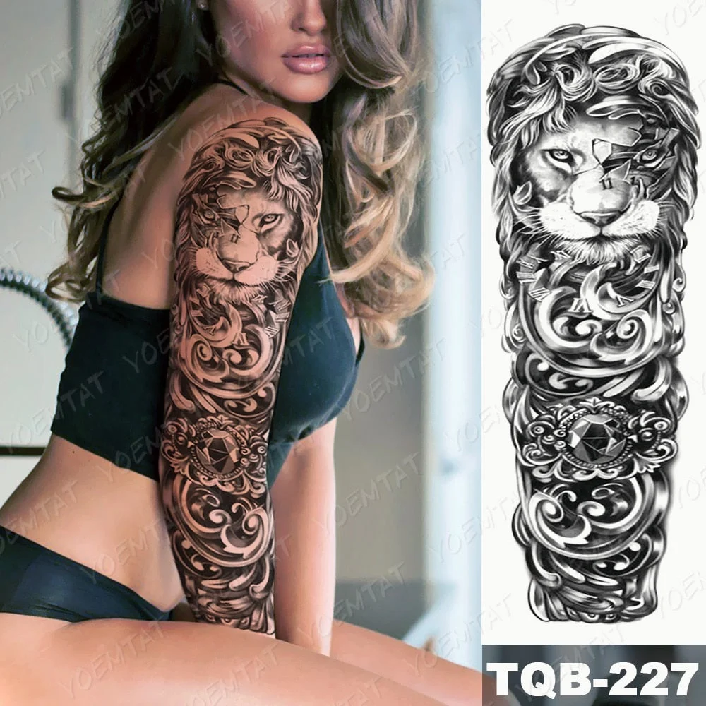 Large Arm Sleeve Tattoo Lion Cross Prayer Waterproof Temporary Tatto Sticker Tiger Beach Compass Body Art Full Fake Tatoo Men
