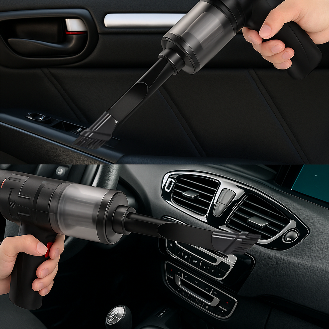 cordless car vacuum with accessories in dashboard use