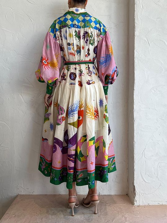 Colorful Print Lantern Sleeve Shirtdress Maxi Dress
