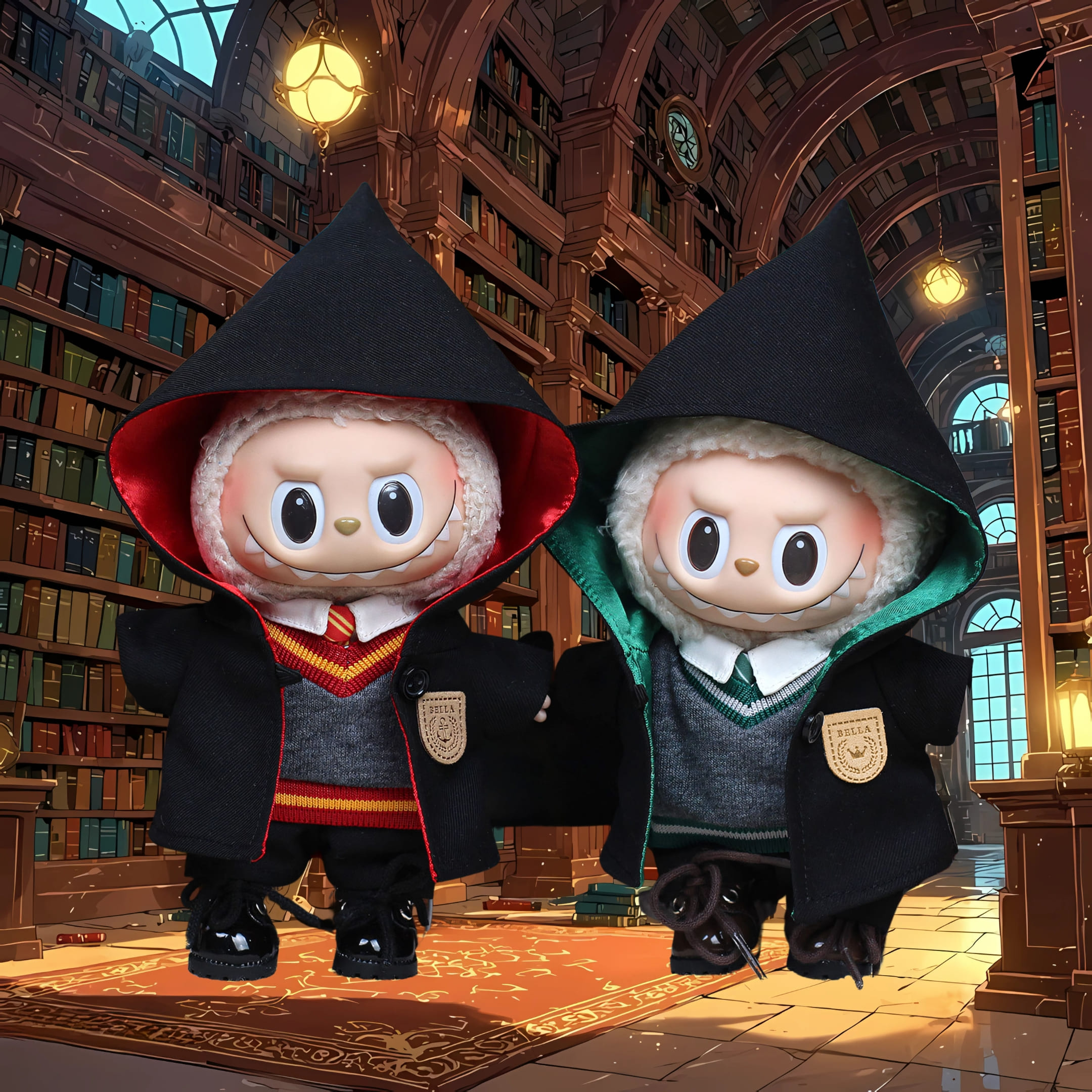 Two Labubu dolls wearing wizard-themed school uniforms. One wears a red-accented outfit and the other a green-accented one. Both have black cloaks with house-style lining and embroidered badges, standing in a grand enchanted library filled with books and warm lighting.