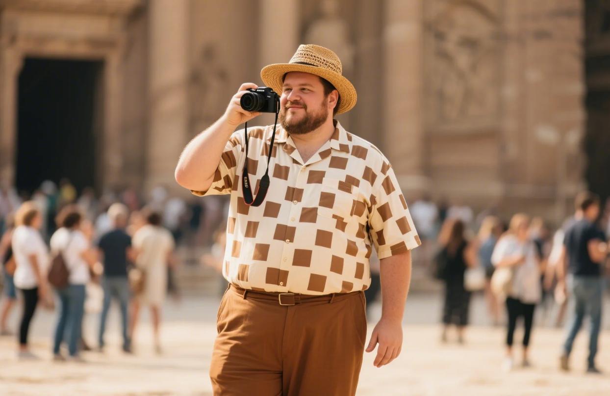 A big and tall man having a vacation in his stylish matching set.