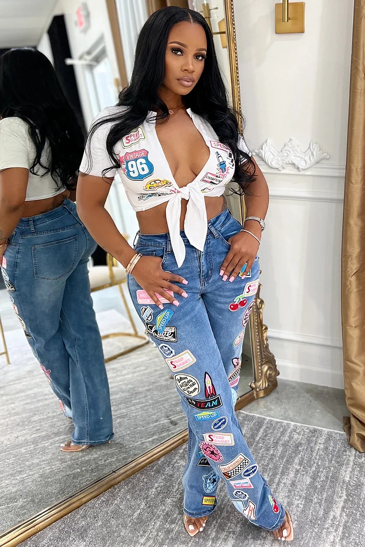 Ribbon Hem Blouse Patch Decor Denim Pants-Blue [Pre Order]
