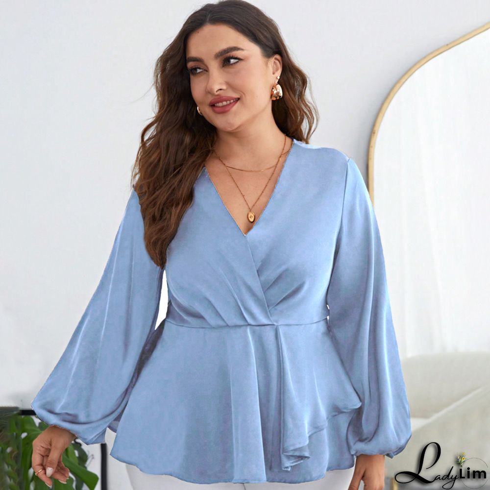 Elegant Plain Surplice Neck Long Sleeve Lace Up Blouse