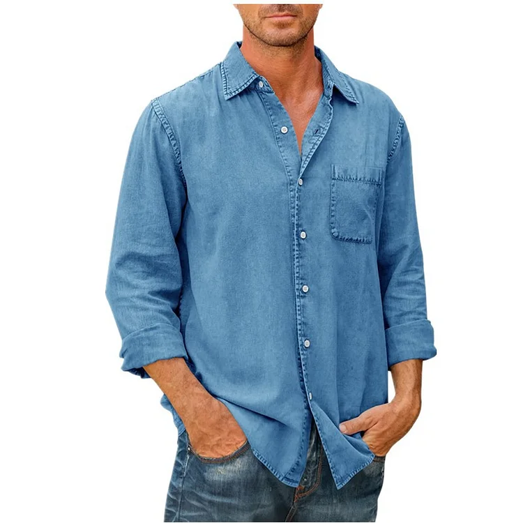 Men's casual solid color long sleeve shirt lapel shirt