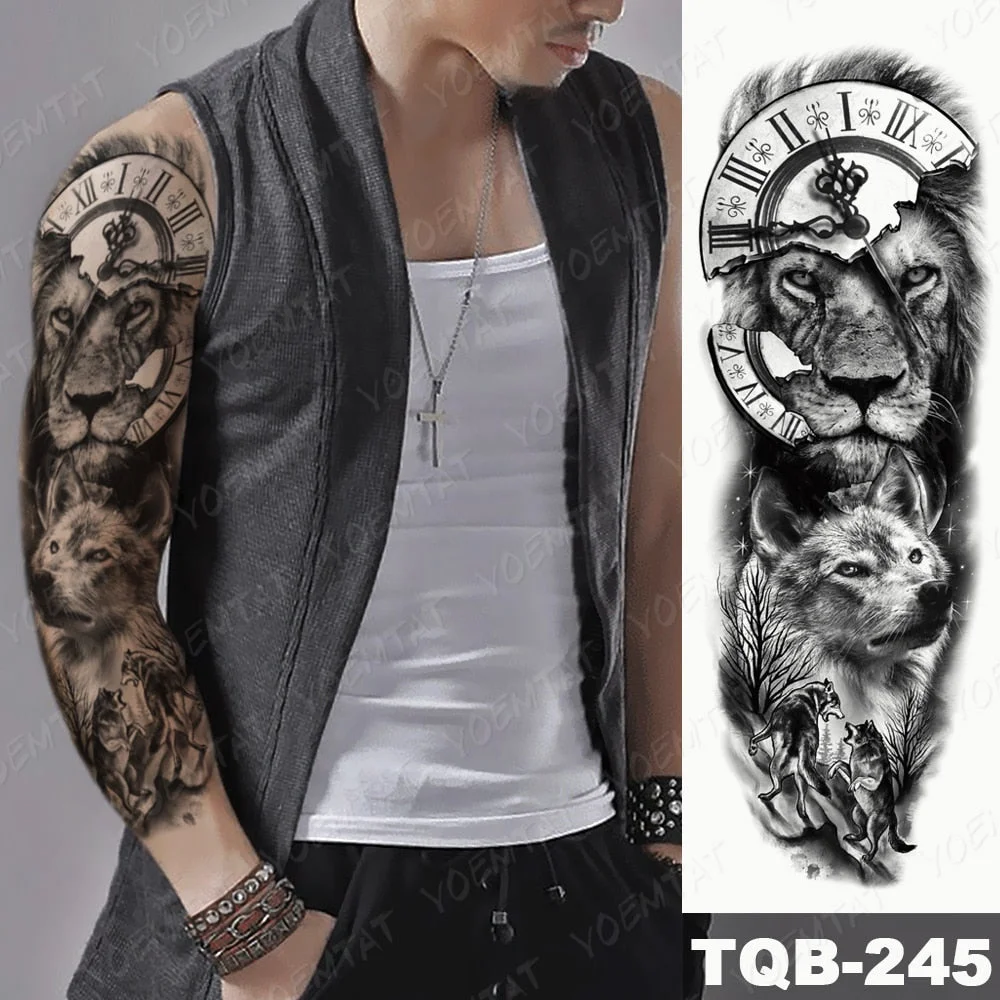 Large Arm Sleeve Tattoo Lion Cross Prayer Waterproof Temporary Tatto Sticker Tiger Beach Compass Body Art Full Fake Tatoo Men