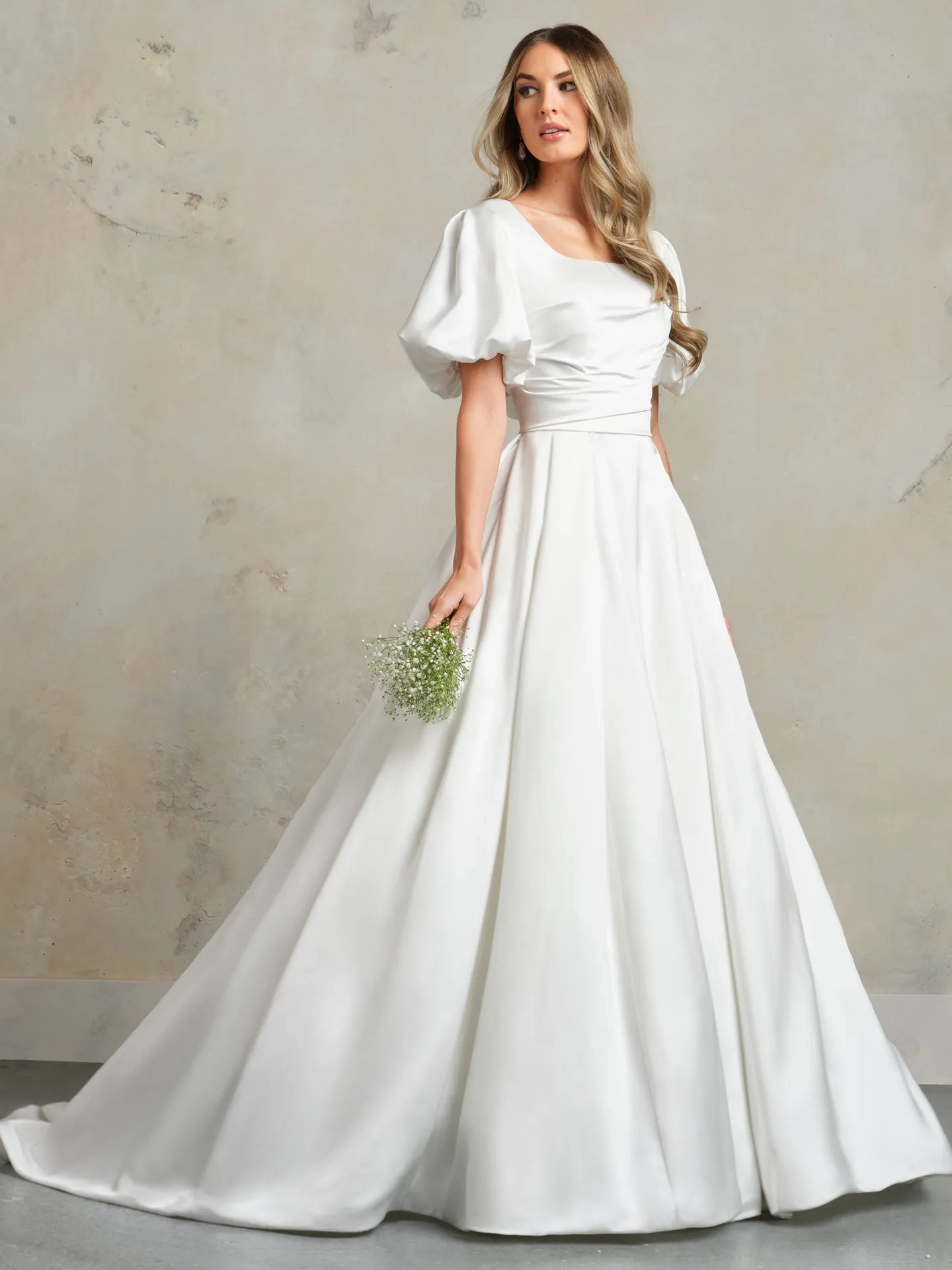 Ovlias Charming White Square Neck Bubble Sleeves Flowy Wedding Dress XJ0190