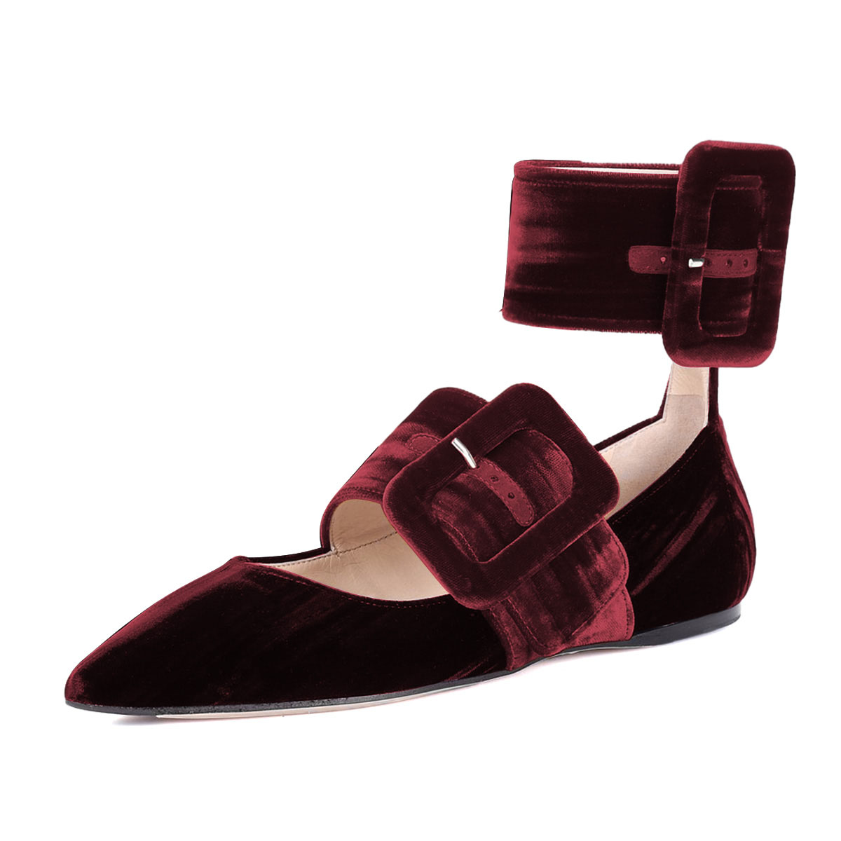 Maroon Buckle Ankle Strap Flat Mary Jane Shoes with Pointed Toe Nicepairs