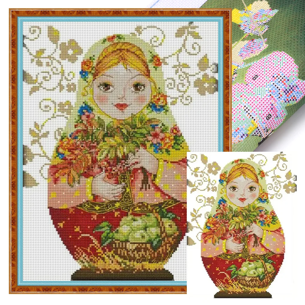 Russian Matryoshka Doll(5) Partial 14CT Pre-stamped Canvas(28*37cm) Cross Stitch(backstitch)