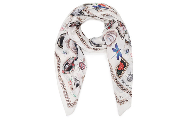 Alexander McQueen Silk Scarves Women's Ecru Black Multicolor