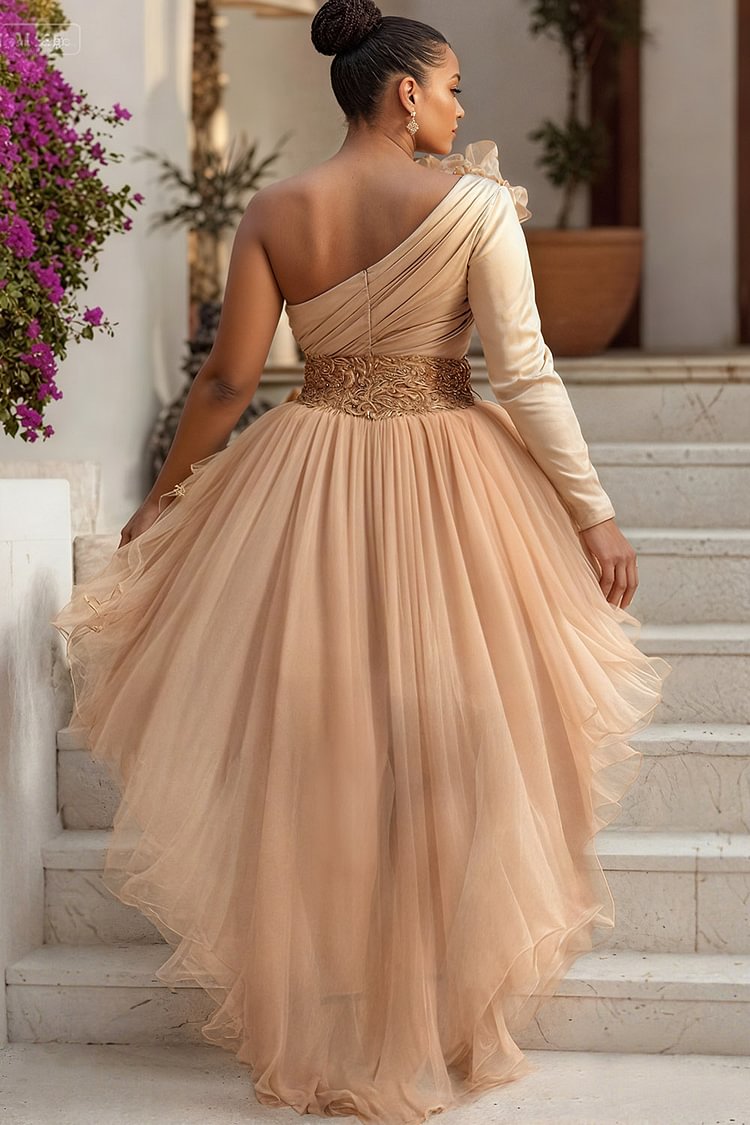 Xpluswear Design Plus Size Wedding Guest Tulle Champagne One Shoulder Long Sleeve Ruffle Elegant 3D Satin Mini Dresses [Pre-Order]