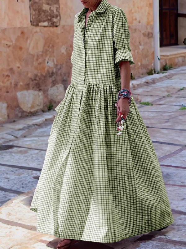 Long Sleeves Loose Buttoned Plaid Pleated Split-Joint Lapel Maxi Dresses