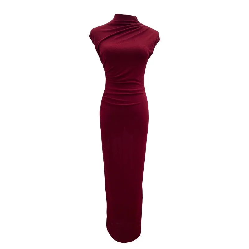 Nigikala Nigikala Unique Dress With Thin Folds And Hips High-Collar After The Opening Of The Fork Dress 8858