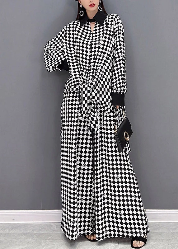 Modern Peter Pan Collar Patchwork Chiffon Shirts And wide leg pants Two Piece Set Long Sleeve Spring