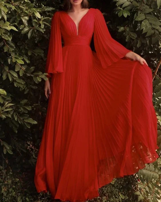 Pleated V-neck Chiffon Maxi Dress - 01