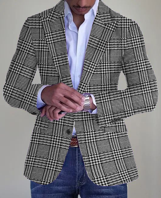 Business Houndstooth Grid Pattern Peaked Lapel Singe Breasted Blazer