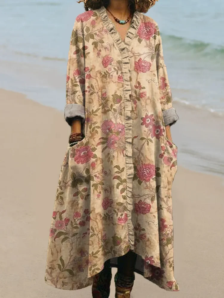 Women's Vintage Floral Pattern Art Print Casual Ruffled Cotton Dress socialshop