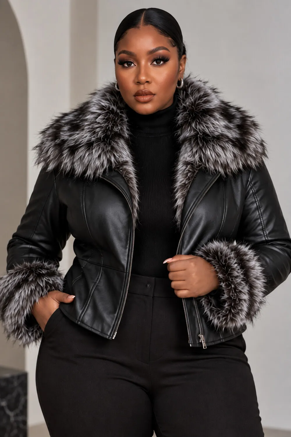 Xpluswear Design Plus Size Daily Faux Fur Black Turndown Collar Long Sleeve Zipper Contrast PU Leather Jacket [Pre-Order] Black-L/10-12