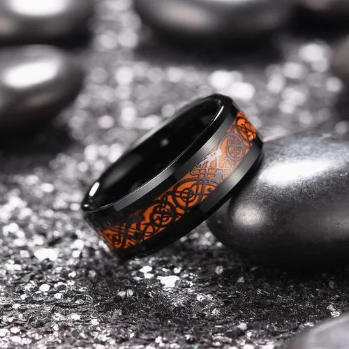 6MM 8MM Women's or Men's Tungsten Celtic Dragon Knot Black With Orange Resin Inlay Tungsten Carbide Wedding Bands