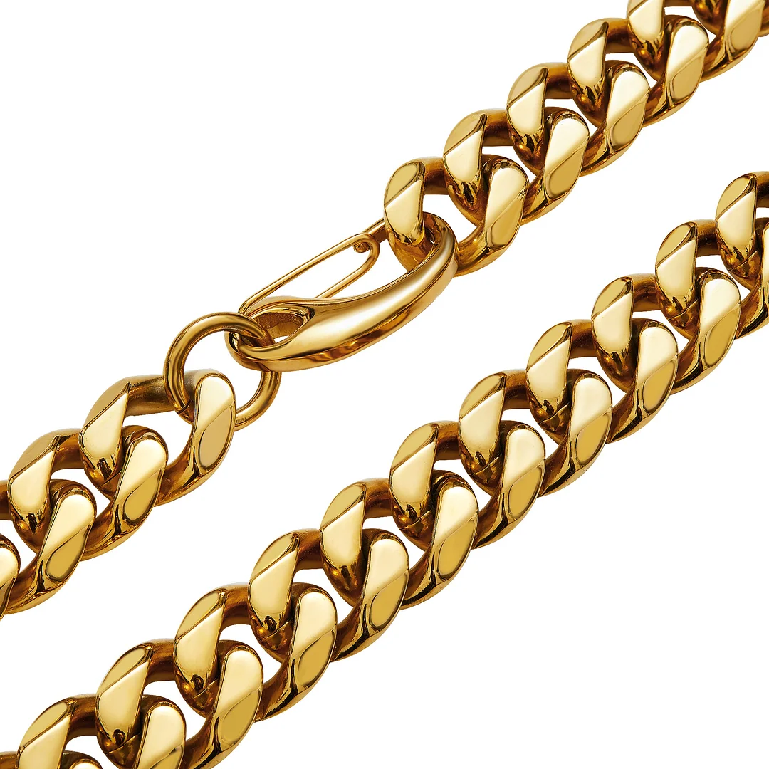 Gold Tone Titanium Stainless Steel Hip Hop Miami Chain Curb Cuban Link Rapper Necklace With Tail 15mm Size