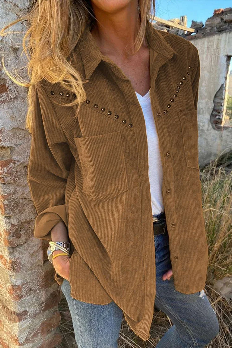 Brown Rivet Corduroy Buttoned Long Sleeve Shirt with Pockets