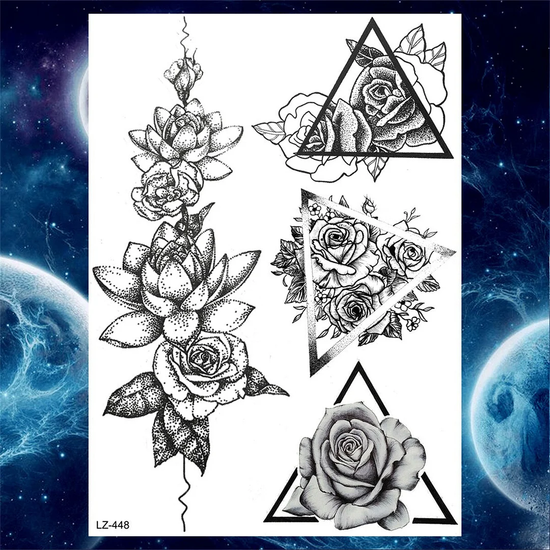 Flower Skull Temporary Tattoos For Women Men Adults Evil Skeleton Tattoo Sticker Fake Lavender Big Rose Black Tatoos Body Thigh