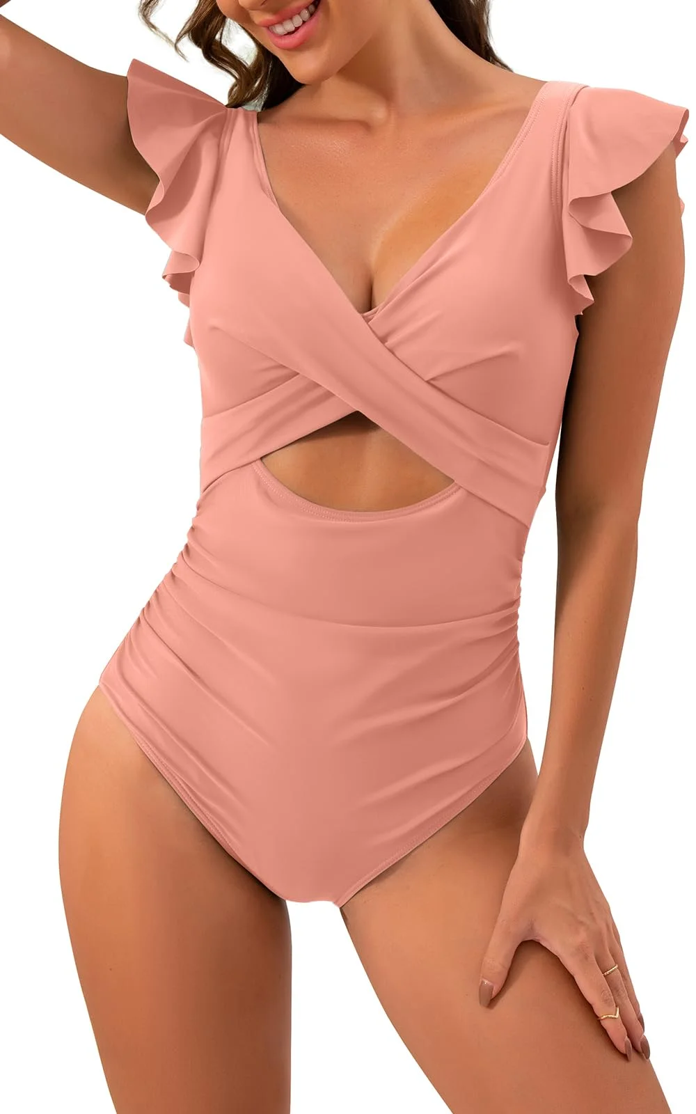 Ruffle Cutout Tummy Control V Neck Wrap One Piece Swimsuit 