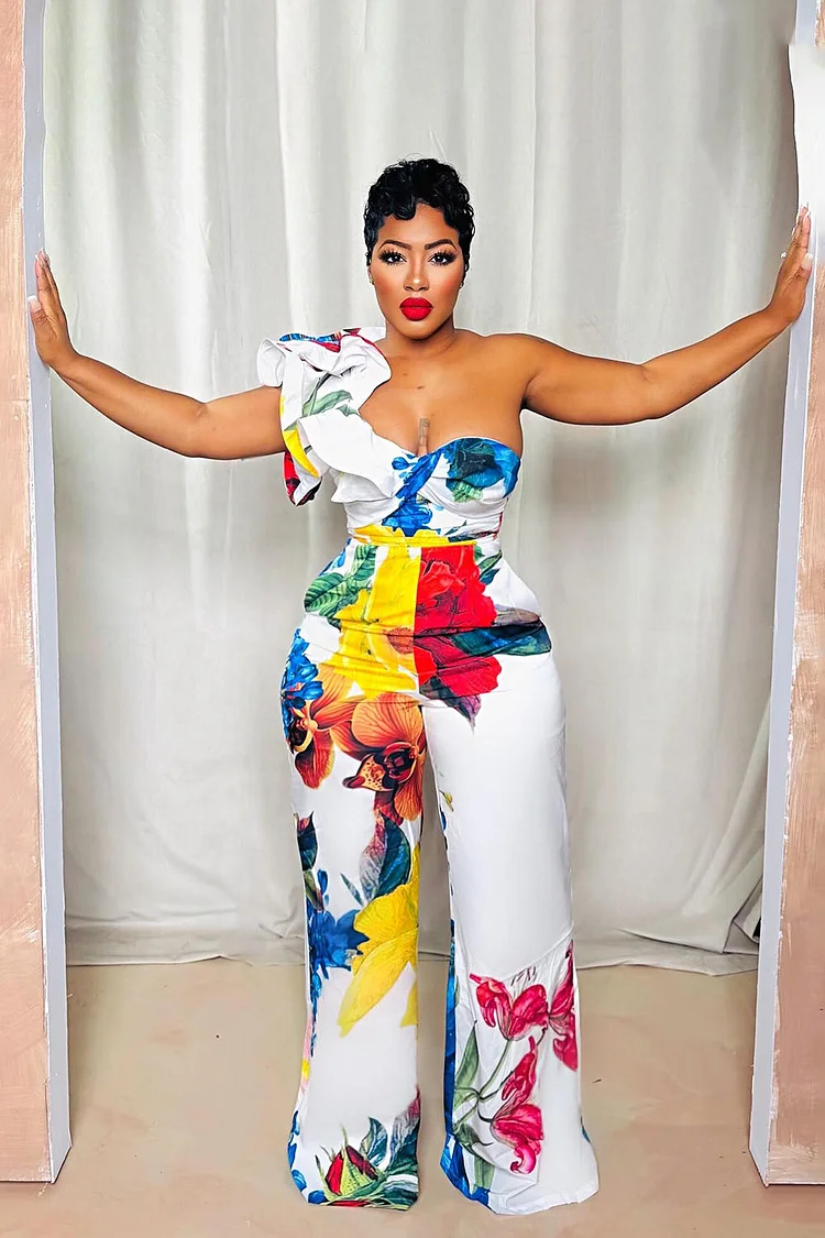 One Shoulder Ruffle Floral Print Party Wide Leg Jumpsuit-White [Pre Order]