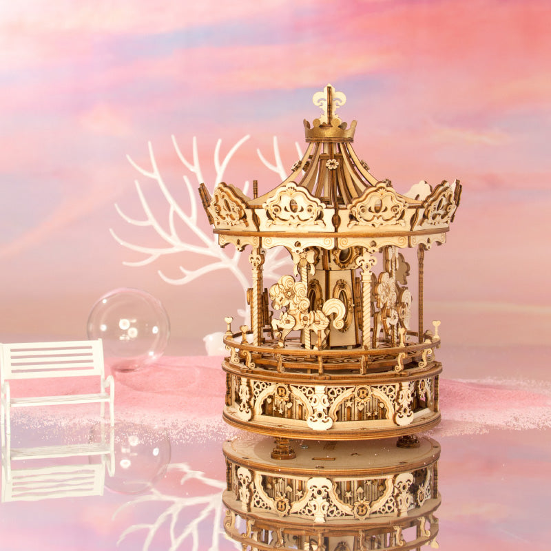 Wooden Romantic Carousel Mechanical Music Box 3D Wooden Puzzle AMK62 7